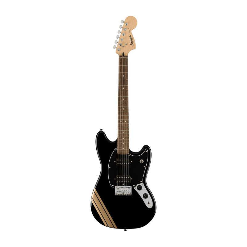 Fender Squier 037-1222-506 FSR Bullet Competition Mustang HH Electric Guitar Black With Shoreline Gold Racing Stripe